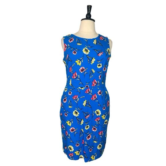 Lands’ End Dress Ponte Knit Sheath Shift Pockets Blue Pink Floral Women Size 18 - Picture 2 of 12